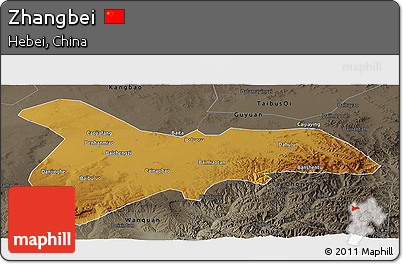 Physical Panoramic Map of Zhangbei, darken, semi-desaturated