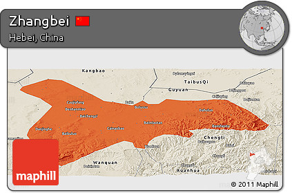 Political Panoramic Map of Zhangbei, shaded relief outside