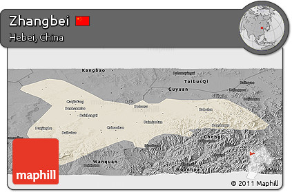 Shaded Relief Panoramic Map of Zhangbei, darken, desaturated