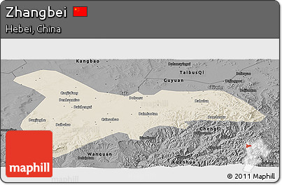 Shaded Relief Panoramic Map of Zhangbei, darken, desaturated