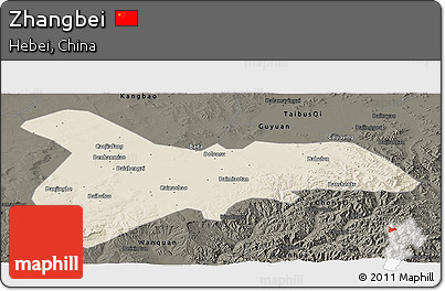 Shaded Relief Panoramic Map of Zhangbei, darken