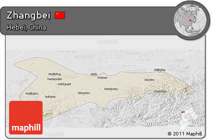 Shaded Relief Panoramic Map of Zhangbei, lighten, desaturated