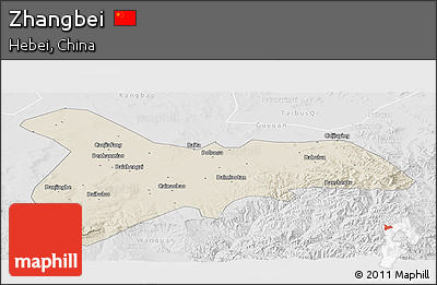 Shaded Relief Panoramic Map of Zhangbei, lighten, desaturated