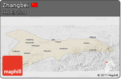 Shaded Relief Panoramic Map of Zhangbei, lighten, desaturated