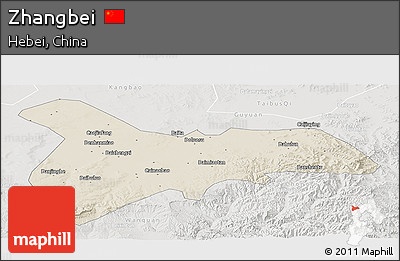 Shaded Relief Panoramic Map of Zhangbei, lighten, semi-desaturated