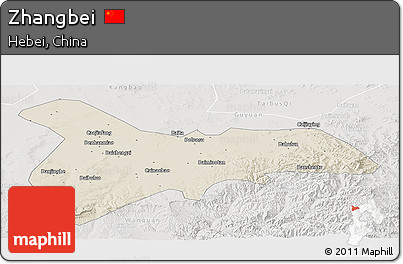 Shaded Relief Panoramic Map of Zhangbei, lighten, semi-desaturated