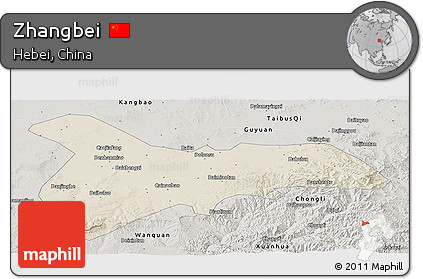 Shaded Relief Panoramic Map of Zhangbei, semi-desaturated