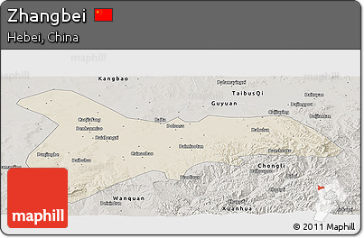 Shaded Relief Panoramic Map of Zhangbei, semi-desaturated
