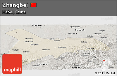 Shaded Relief Panoramic Map of Zhangbei, semi-desaturated