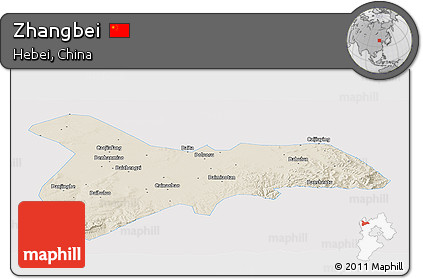 Shaded Relief Panoramic Map of Zhangbei, single color outside