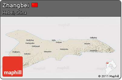 Shaded Relief Panoramic Map of Zhangbei, single color outside