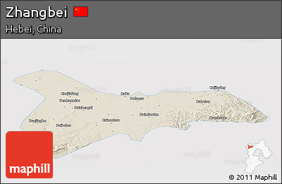 Shaded Relief Panoramic Map of Zhangbei, single color outside