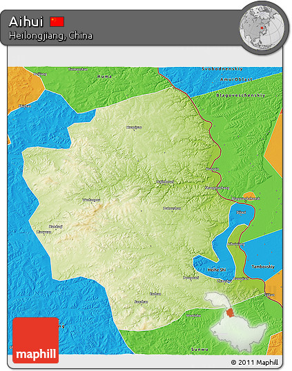 Physical 3D Map of Aihui, political outside