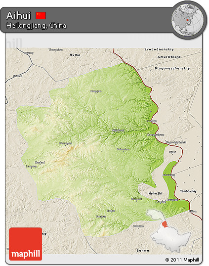 Physical 3D Map of Aihui, shaded relief outside