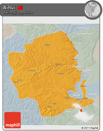Political 3D Map of Aihui, lighten, semi-desaturated