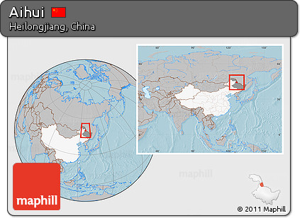 Gray Location Map of Aihui, highlighted country, highlighted parent region, within the entire country, hill shading