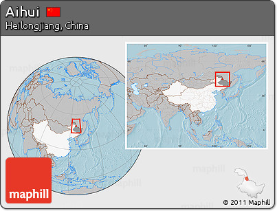 Gray Location Map of Aihui, highlighted country, highlighted parent region, within the entire country, hill shading