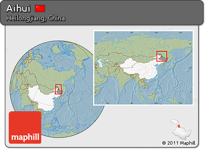 Savanna Style Location Map of Aihui, highlighted country, highlighted parent region, within the entire country, hill shading