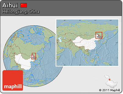 Savanna Style Location Map of Aihui, highlighted country, highlighted parent region, within the entire country, hill shading