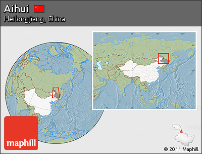 Savanna Style Location Map of Aihui, highlighted country, highlighted parent region, within the entire country, hill shading