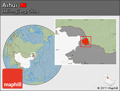 Savanna Style Location Map of Aihui, highlighted country, highlighted parent region, hill shading