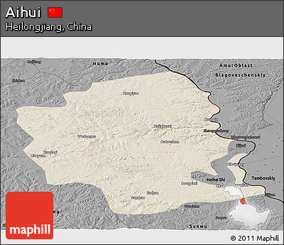 Shaded Relief Panoramic Map of Aihui, darken, desaturated