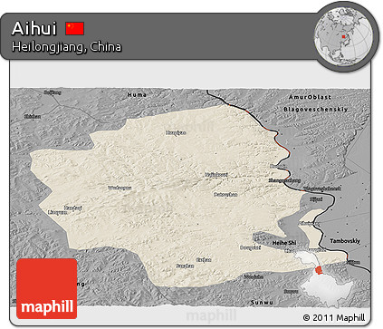 Shaded Relief Panoramic Map of Aihui, darken, desaturated