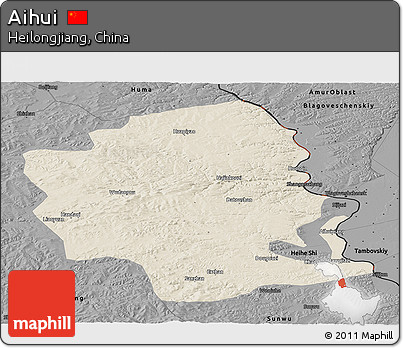 Shaded Relief Panoramic Map of Aihui, darken, desaturated
