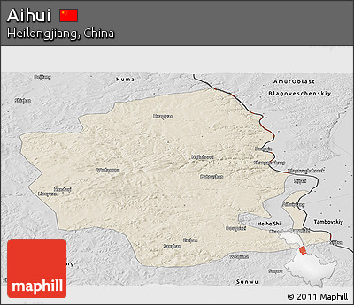 Shaded Relief Panoramic Map of Aihui, desaturated