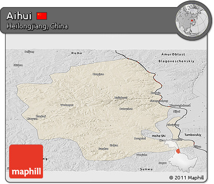 Shaded Relief Panoramic Map of Aihui, desaturated