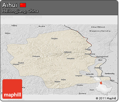 Shaded Relief Panoramic Map of Aihui, desaturated