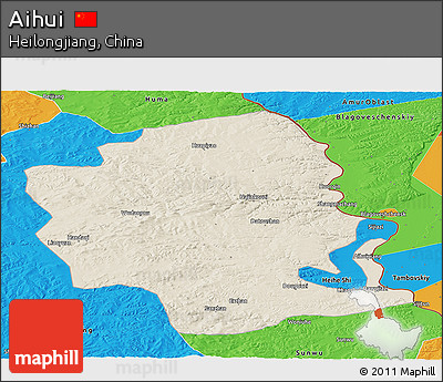 Shaded Relief Panoramic Map of Aihui, political outside