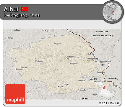 Shaded Relief Panoramic Map of Aihui, semi-desaturated