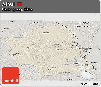 Shaded Relief Panoramic Map of Aihui, semi-desaturated
