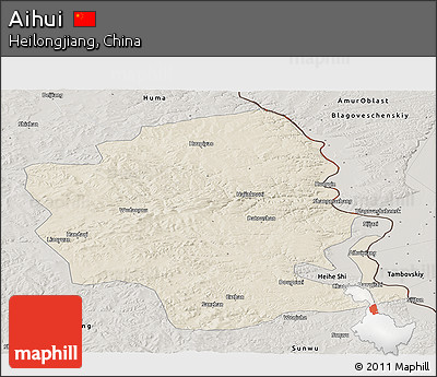 Shaded Relief Panoramic Map of Aihui, semi-desaturated