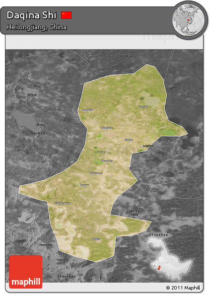 Satellite 3D Map of Daqina Shi, darken, desaturated