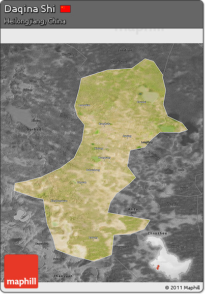 Satellite 3D Map of Daqina Shi, darken, desaturated