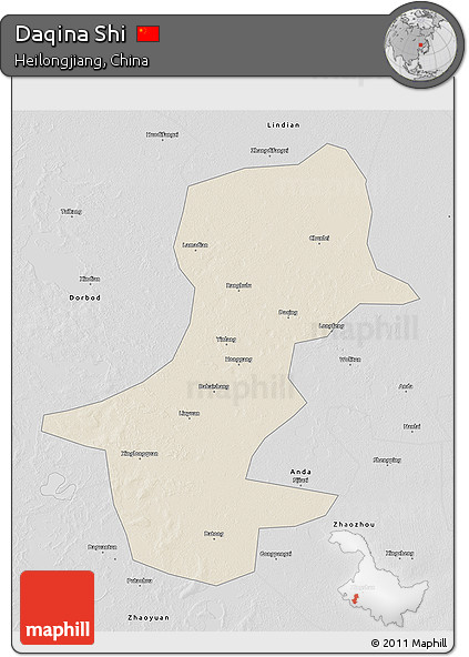 Shaded Relief 3D Map of Daqina Shi, desaturated