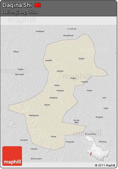 Shaded Relief 3D Map of Daqina Shi, desaturated