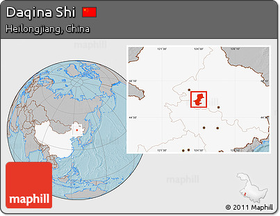 Gray Location Map of Daqina Shi, highlighted country, hill shading