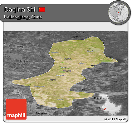 Satellite Panoramic Map of Daqina Shi, darken, desaturated