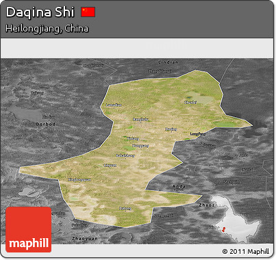 Satellite Panoramic Map of Daqina Shi, darken, desaturated