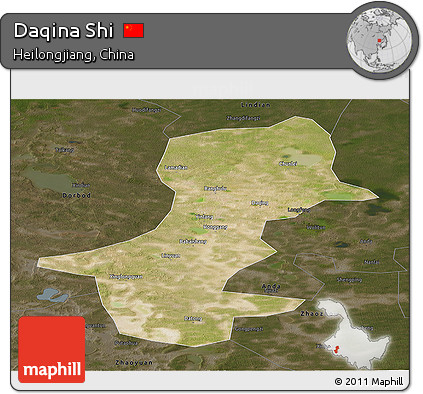 Satellite Panoramic Map of Daqina Shi, darken