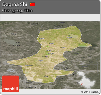 Satellite Panoramic Map of Daqina Shi, darken, semi-desaturated