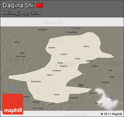 Shaded Relief Panoramic Map of Daqina Shi, darken