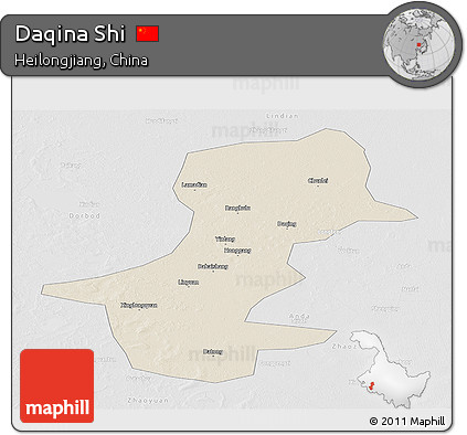 Shaded Relief Panoramic Map of Daqina Shi, lighten, desaturated