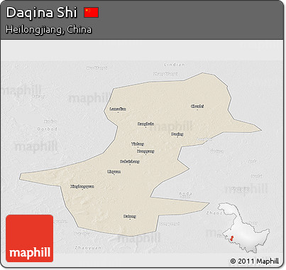 Shaded Relief Panoramic Map of Daqina Shi, lighten, desaturated