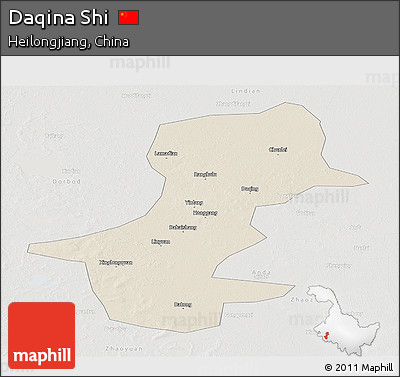 Shaded Relief Panoramic Map of Daqina Shi, lighten, semi-desaturated