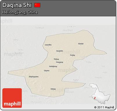 Shaded Relief Panoramic Map of Daqina Shi, lighten, semi-desaturated