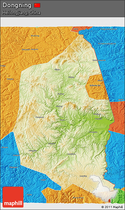 Physical 3D Map of Dongning, political outside